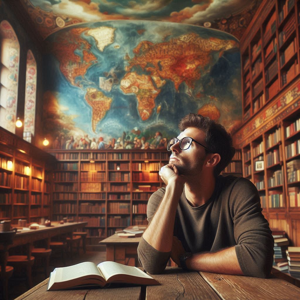 uomo che guarda il cielo da una biblioteca dove vede il mondo